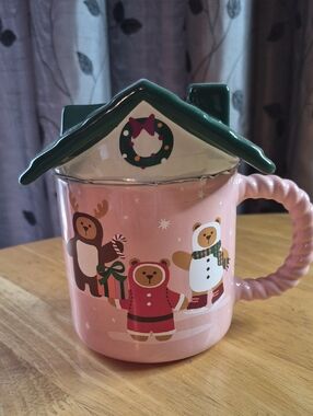 Festive Pink Holiday Bear House Mug with Green Lid - Brand